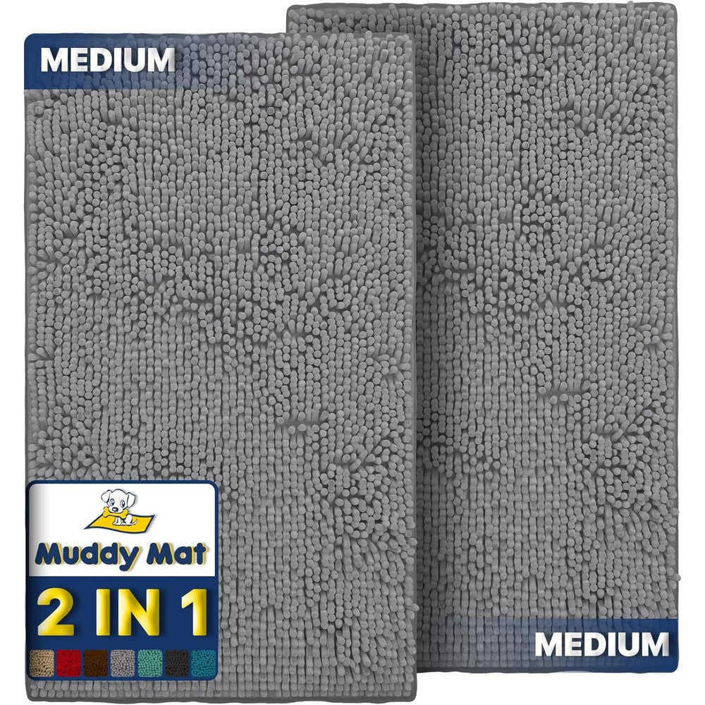 Muddy Mat 2-Piece Highly Absorbent Microfiber Door Mat And Pet Rug For Indoor And Outdoor Use, Soft Chenille, Grey, Medium 30X19 Inches