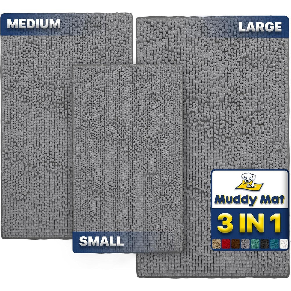 Muddy Mat Pack Of 3 Highly Absorbent Microfiber Dog Door Mat And Pet Rug Non Slip Washable Soft Chenille Multipurpose Indoor Area Mats Grey Small M...