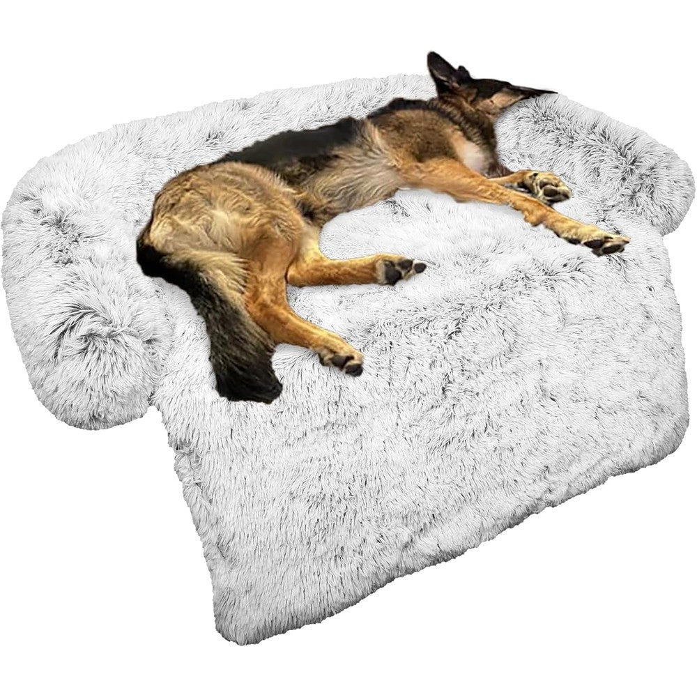 GGIB Calming Dog Bed Fluffy Plush Dog Mat For Furniture Protector With Removable Washable Cover Light Grey Large
