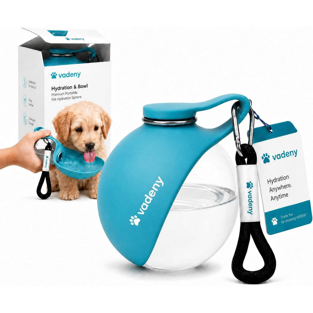Vadeny Portable Dog Water Bottle Two In One Pet Travel Hydration Dispenser With Transparent Ball Sphere Bowl Blue Ten Ounce