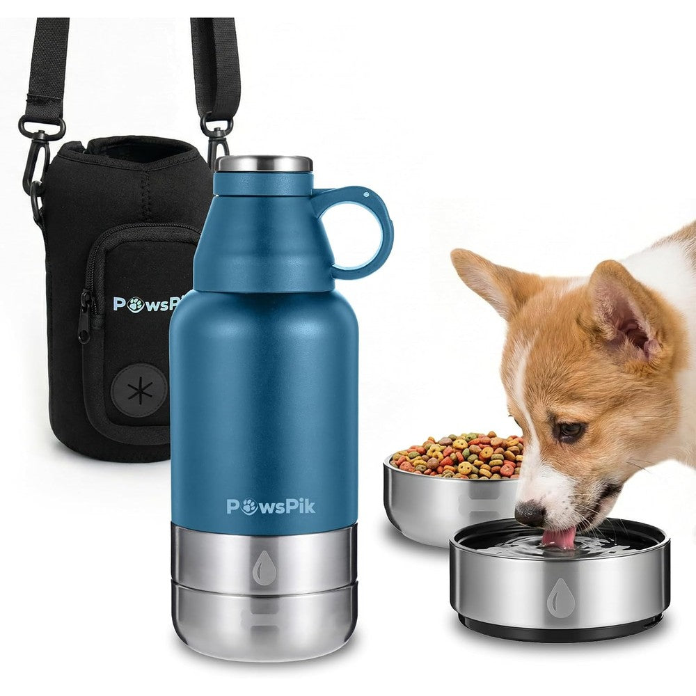 PawsPik 32 Ounce 3 In 1 Travel Dog Water Bottle And Bowl Set Vacuum Insulated Stainless Steel Leak Proof Pet Thermos Midnight Summit Blue