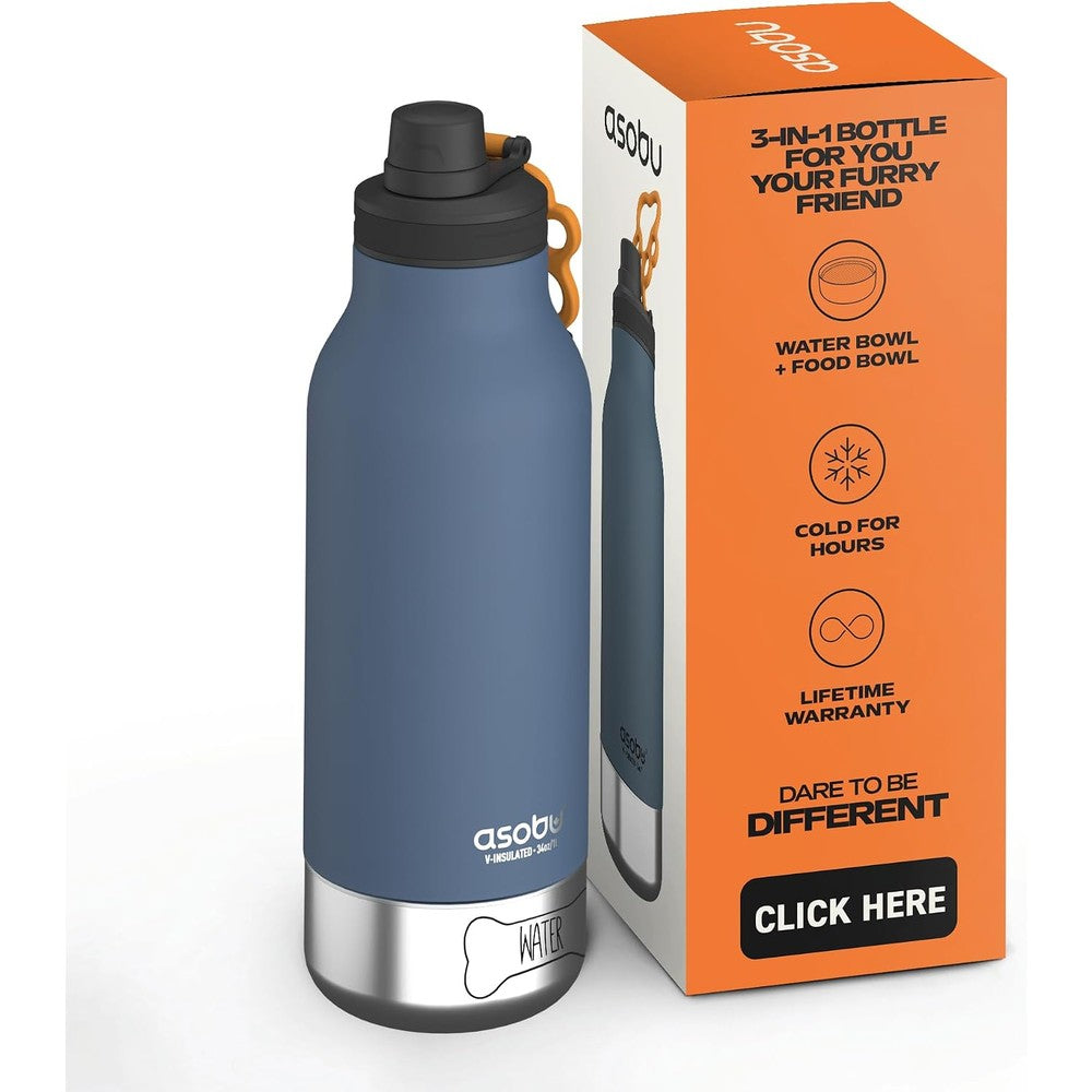 Asobu Dog Barky Buddy Stainless Steel Insulated Travel Water Bottle With Two Removable Bowls For Food And Water Basil Green 34 Ounce