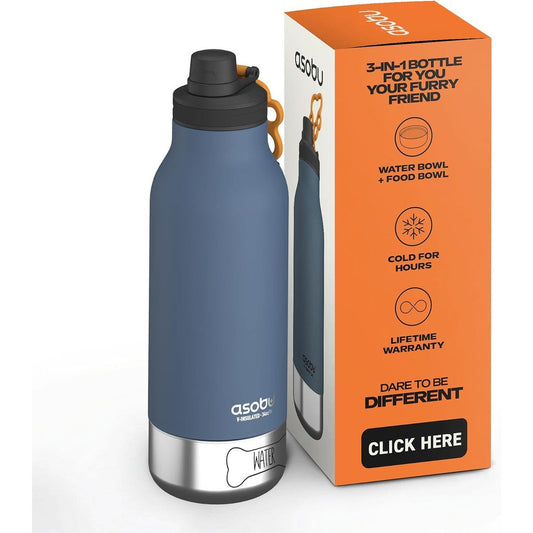 Asobu Dog Barky Buddy Stainless Steel Insulated Travel Water Bottle With Two Removable Bowls For Food And Water Basil Green 34 Ounce