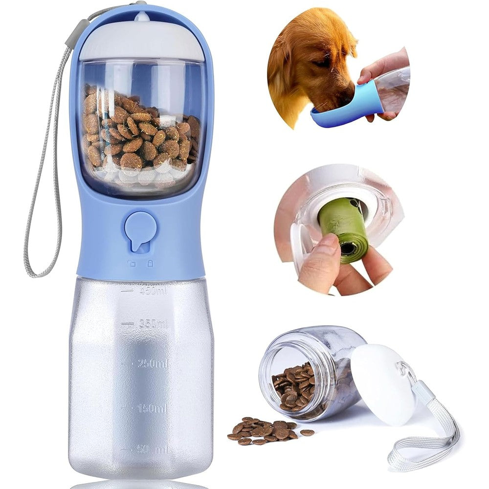 Avelora 3 In 1 Portable Dog Water Bottle With Food Container And Waste Bag Dispenser Blue 600 Milliliters Water 100 Grams Food Capacity