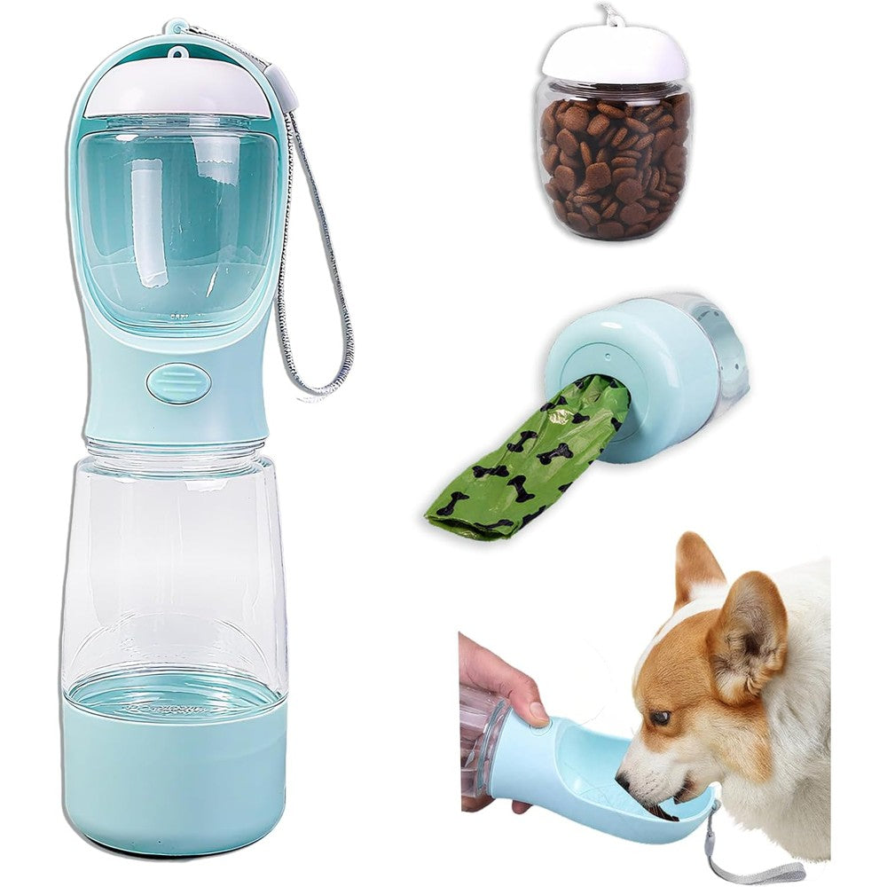LERAO Portable Dog Water Bottle Three In One Travel Pet Drinker Food Container And Bag Dispenser Blue Thirteen Point Five Ounce
