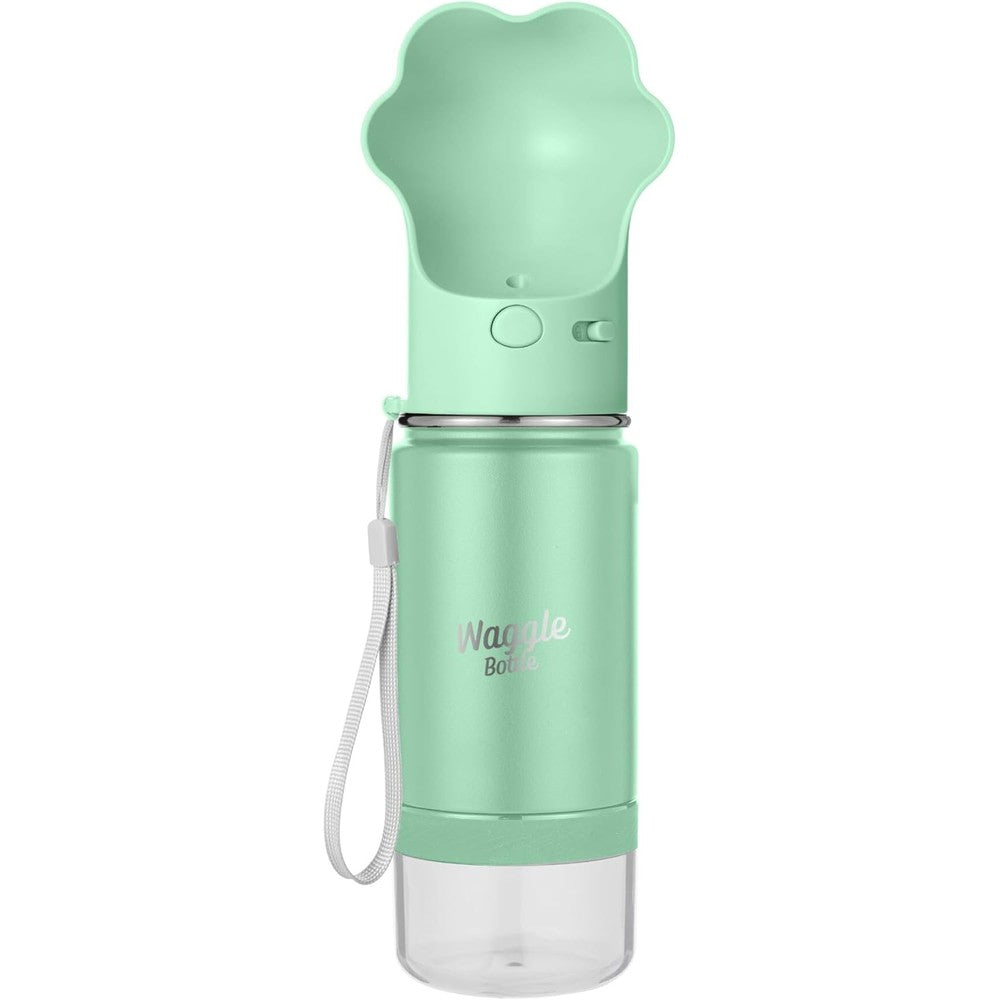 Waggle Bottle Stainless Steel Vacuum Insulated Dog Travel Water Bottle Dispenser With Paw Shaped Drink Cup And Snack Container Mint Fourteen Ounce