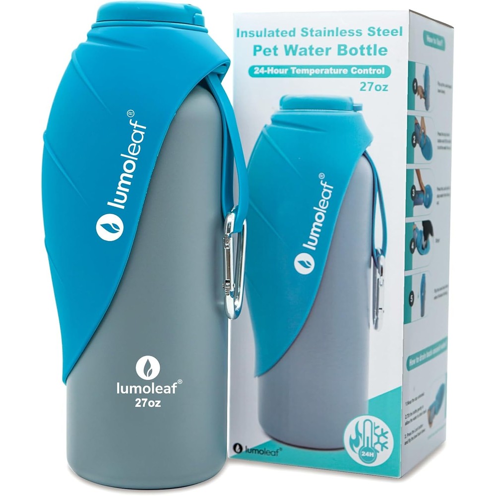 LumoLeaf Insulated Stainless Steel Dog Water Bottle Travel Portable Pet Dispenser With Built In Foldable Silicone Leaf Bowl Twenty Seven Ounce