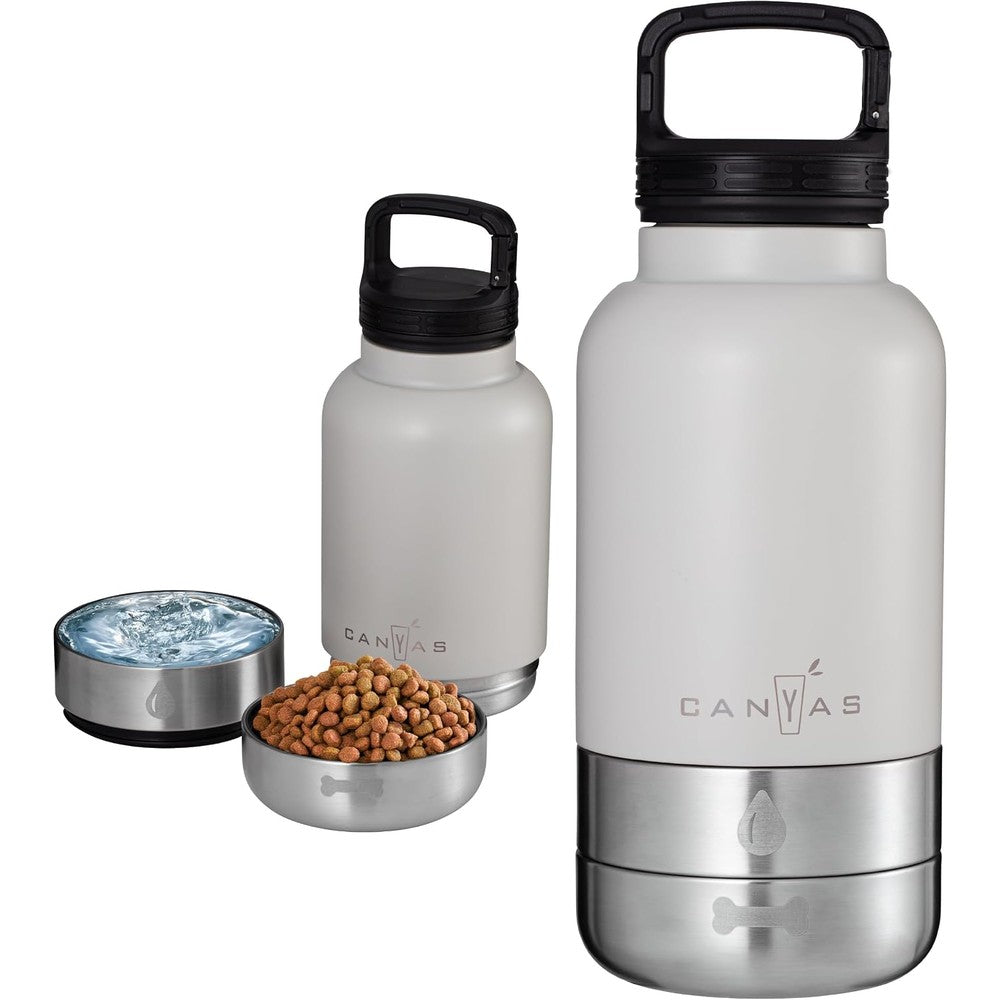 CANYAS Portable Dog Water Bottle Thirty-Two Ounce Insulated Stainless Steel Pet Travel Dispenser With Detachable Food And Water Bowls White