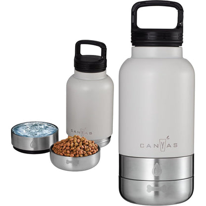 CANYAS Portable Dog Water Bottle Thirty-Two Ounce Insulated Stainless Steel Pet Travel Dispenser With Detachable Food And Water Bowls White