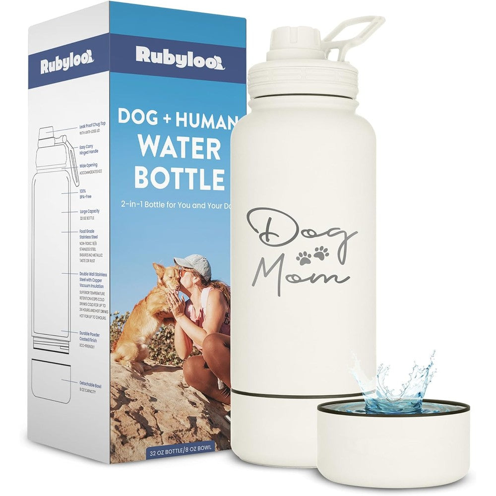 Rubyloo Dog Mom Water Bottle Stainless Steel Double Wall Vacuum Insulated Travel Flask With Detachable Bottom Bowl For Hiking Cream Thirty Two Ounce