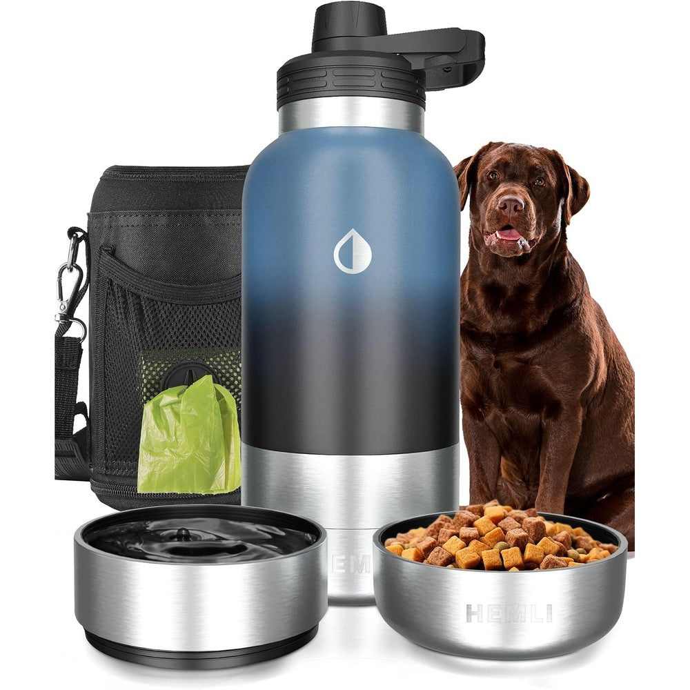Hemli Insulated Stainless Steel Portable Dog Water Bottle And Detachable Bowl Kit For Travel Walking And Hiking Blue Black Gradient Thirty Two Ounce