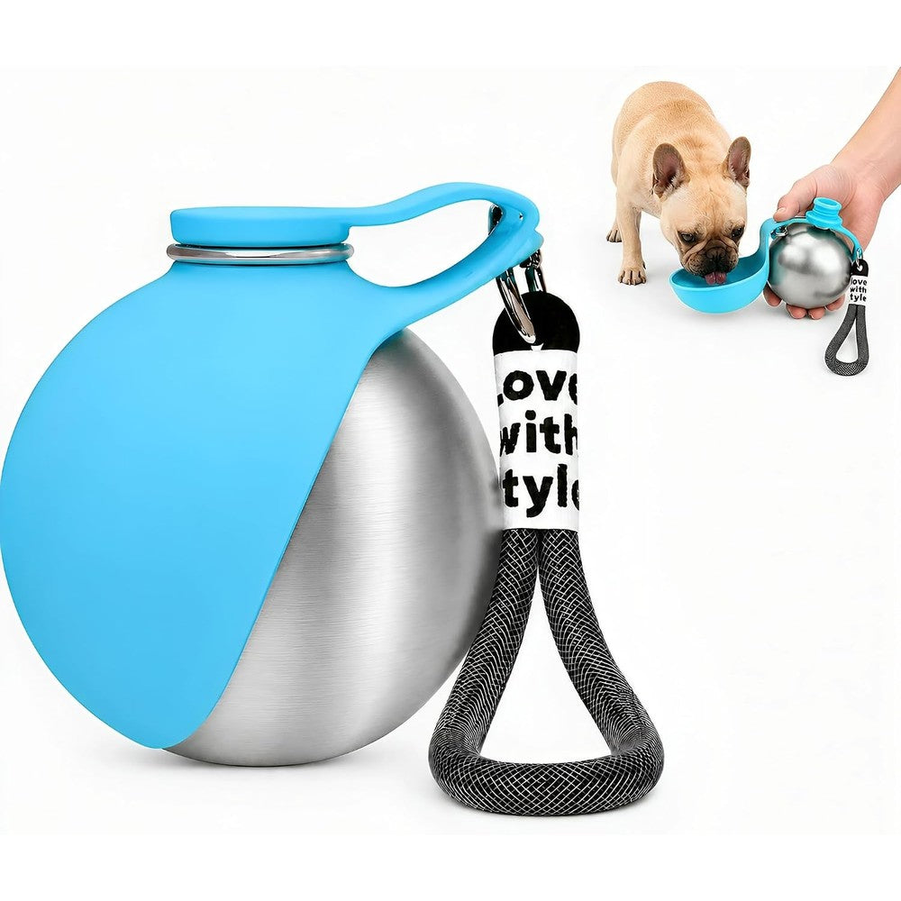 Oplope 2 In 1 Dog Water Bottle Portable With Attached Silicone Bowl Leakproof Stainless Steel Travel Pet Water Dispenser For Small Medium Dogs 10 O...