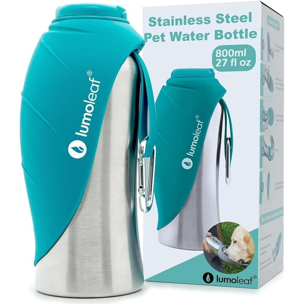 LumoLeaf Portable Dog Water Bottle Stainless Steel Pet Travel Water Dispenser With Flip Out Silicone Bowl For Large Dogs Blue 27 Ounce