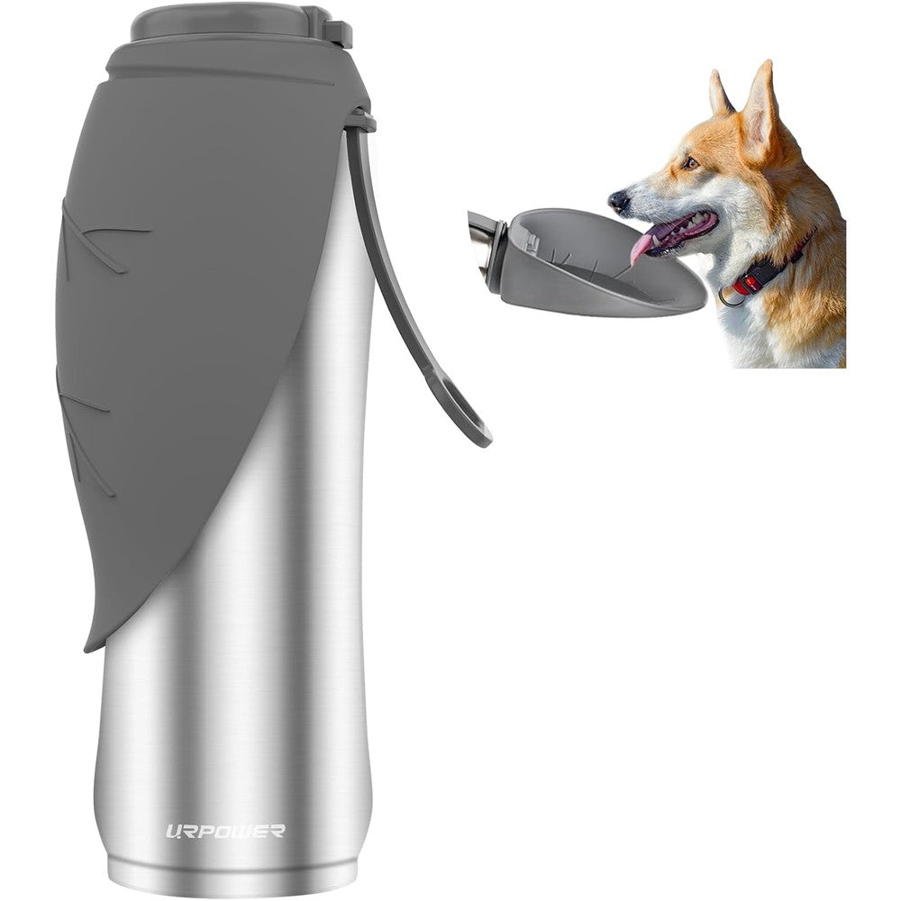 URPOWER Twenty Seven Ounce Large Dog Water Bottle Double Wall Insulated Stainless Steel Travel Pet Water Dispenser With Leaf Shaped Drinking Bowl Gray