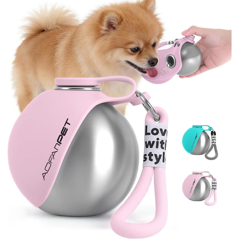 AOFANPET Portable Dog Water Bottle Stainless Steel Leak Proof Pet Water Dispenser With Foldable Silicone Bowl Pink 10 Ounce