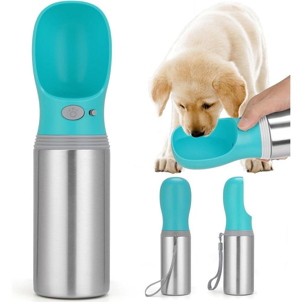 Anipaw Portable Dog Water Bottle Stainless Steel Leak Proof Puppy Water Dispenser With Drinking Feeder For Pet Travel Fourteen Ounce