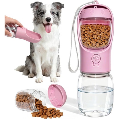 Liphier Portable Dog Water Bottle With Food Container Leak Proof Pet Travel Dispenser Feeder For Walking And Hiking Pink 11.5 Fluid Ounces