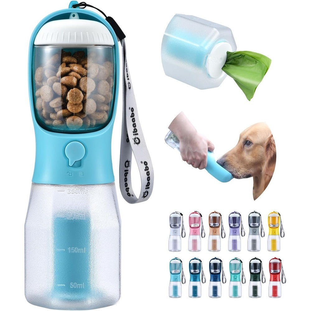 Cibaabo 3-in-1 Dog Water Bottle With Food Container And Poop Bag Holder Portable Pet Dispenser Travel Bowl Blue 20 Ounce Capacity