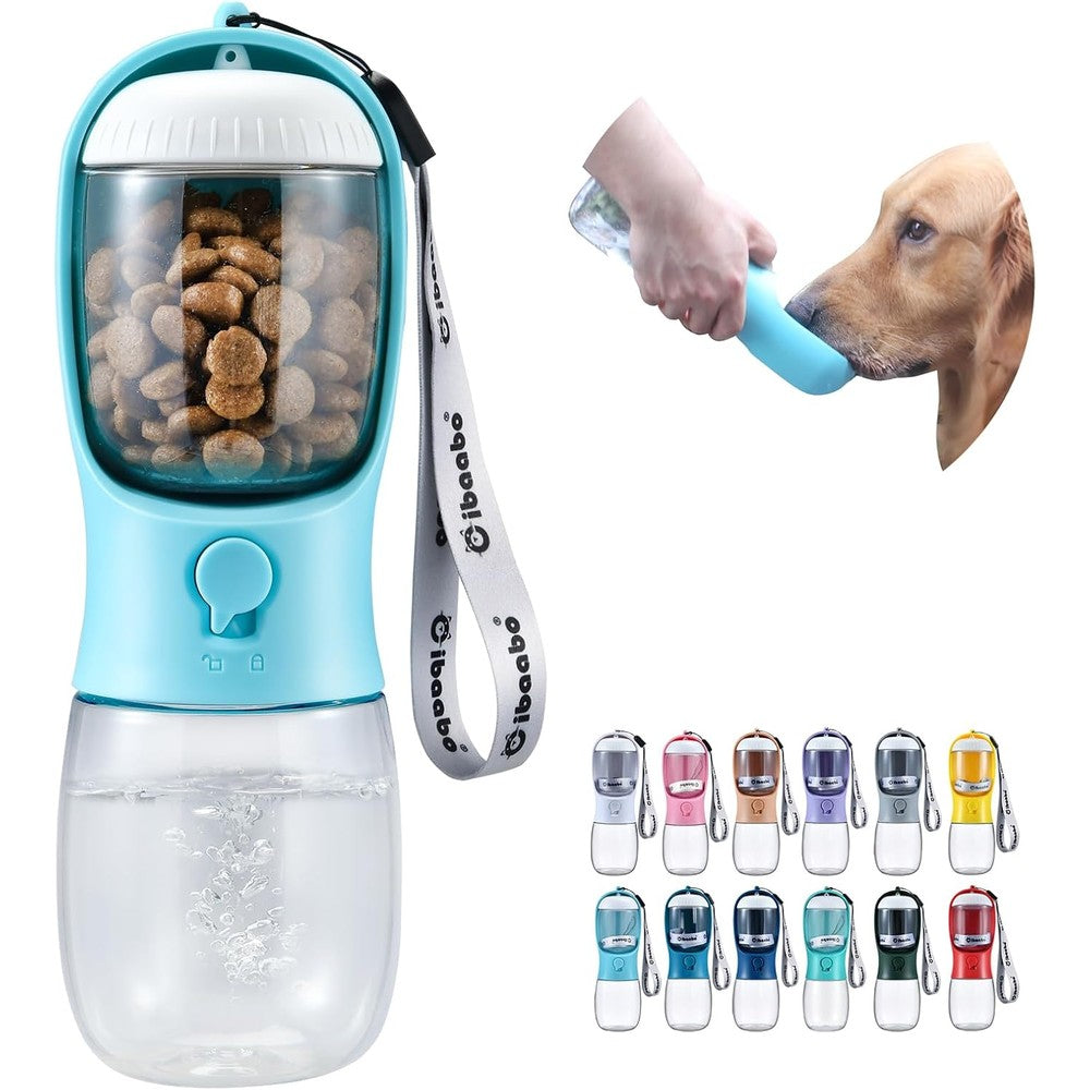 Cibaabo Dog Water Bottle With Food Container Travel Puppy Water Bowl Portable Pet Dispenser For Walking And Hiking Blue Three Hundred Milliliters