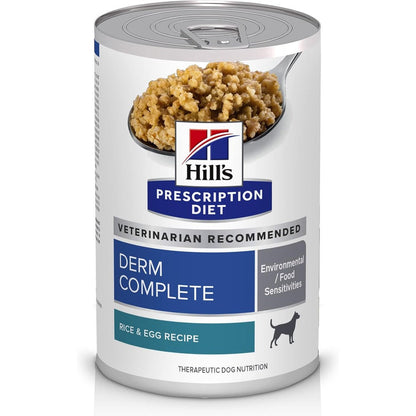 Hill's Prescription Diet Derm Complete Environmental And Food Sensitivities Rice And Egg Recipe Wet Dog Food Thirteen Ounce Cans Twelve Pack
