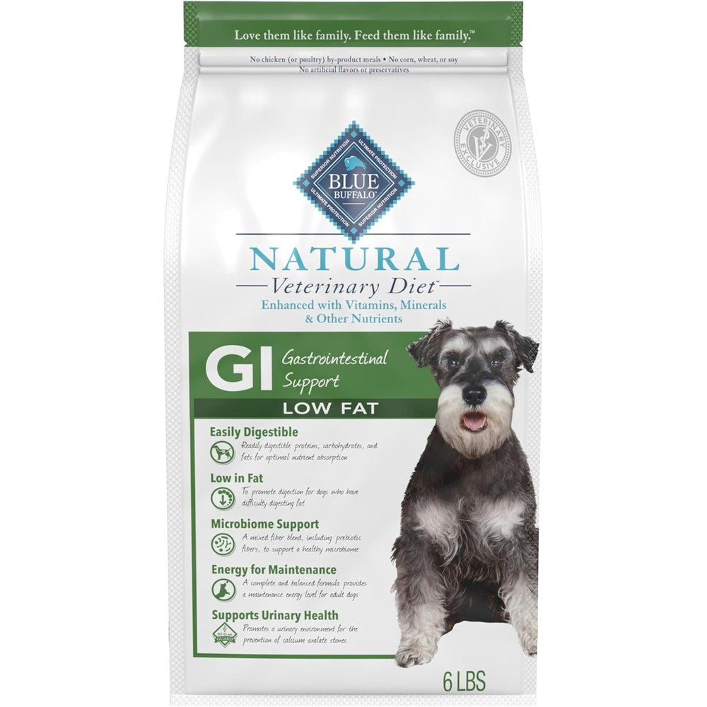 Blue Buffalo Natural Veterinary Diet GI Gastrointestinal Support Low Fat Dry Dog Food Whitefish Formula Six Pound Bag
