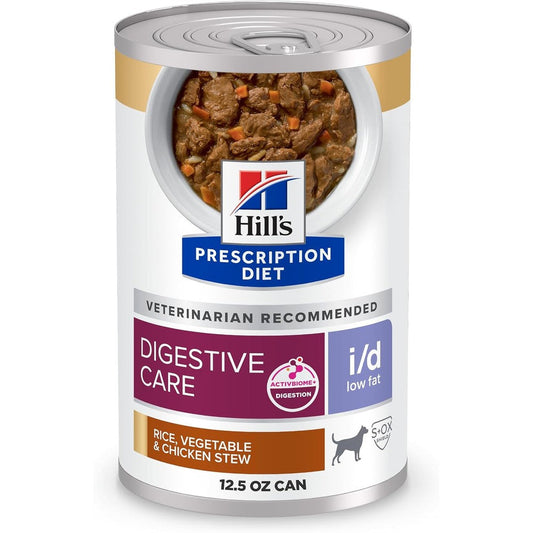 Hill's Prescription Diet i/d Low Fat Digestive Care Rice Vegetable And Chicken Stew Wet Dog Food Twelve Point Five Ounce Cans Twelve Pack