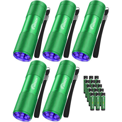 Sunloy Five Pack Black Light Ultraviolet Flashlight Nine LED Handheld Mini Torch Pet Urine Detector Green Variant Includes Fifteen AAA Batteries