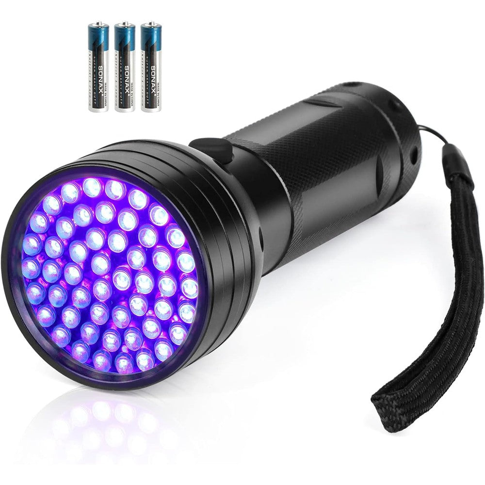 Whaply 51 LED Blacklight UV Flashlight 395 Nanometer Ultraviolet Pet Urine Detector With 3 Pack AA Batteries For Cat Stains And Bed Bugs Black