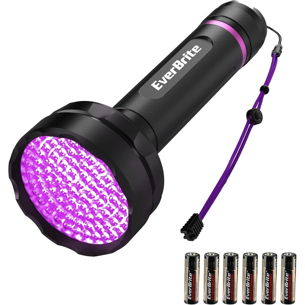 EverBrite UV Flashlight 128 LED Blacklight 395nm Ultraviolet Light Detector For Pet Urine Stains And Scorpions Batteries Included Pack Of 1