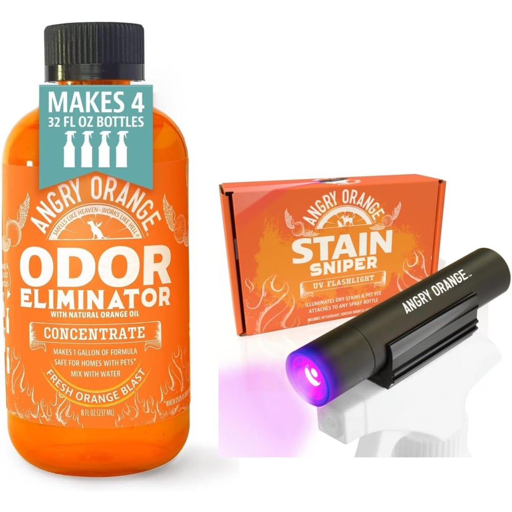 Angry Orange Pet Urine Detection And Odor Elimination Kit Citrus Powered Odor Eliminator Eight Fluid Ounce Concentrate With Ultraviolet Black Light...