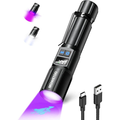 Mowetoo Rechargeable Black Light Flashlight Two In One Ultraviolet Usb Type C Torch With Lcd Display 395 Nanometer For Pet Urine Detection