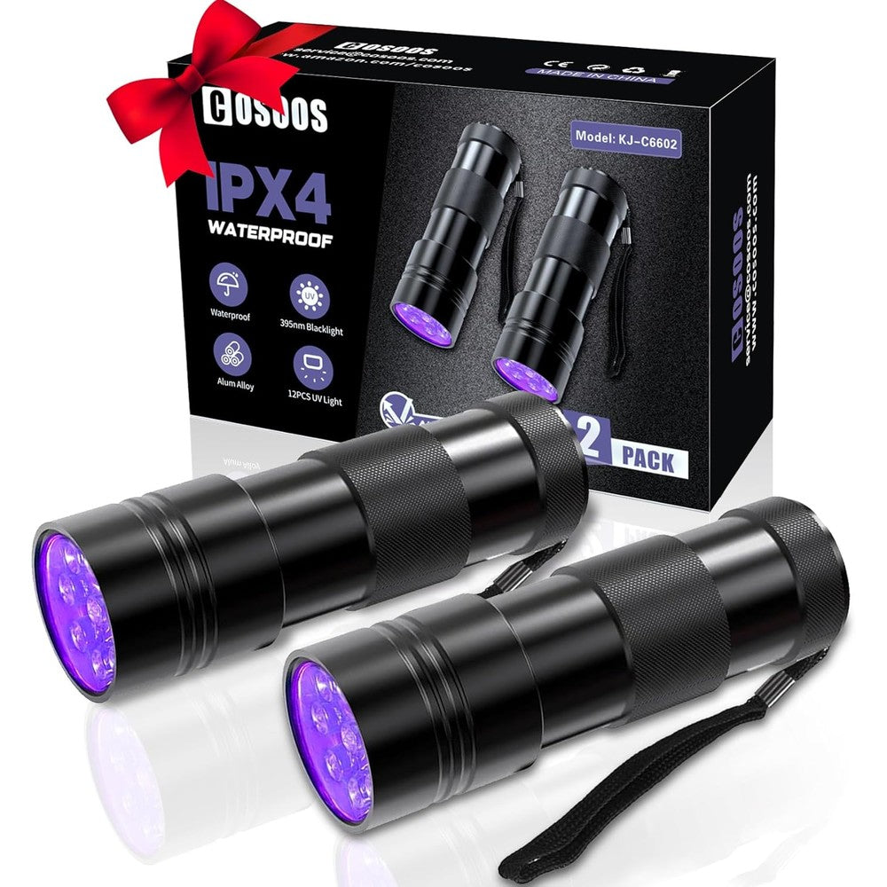 COSOOS Two Pack UV Flashlight 12 LED Handheld Blacklight Flashlight 395nm Mini Light Torch Detector For Dog Pet Urine Stains Bed Bugs And Scorpions