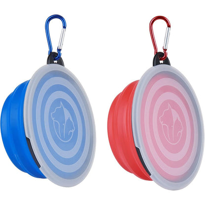 SLSON Collapsible Dog Bowl 2 Pack Portable Silicone Pet Travel Bowls With Lids Foldable Food Water Feeding Dishes For Small Medium Dogs Cats Blue Red