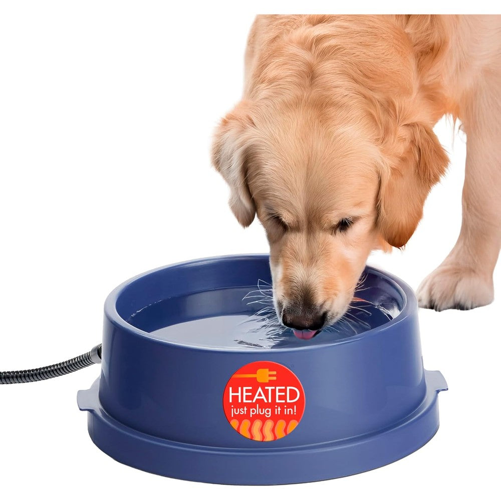 K&H Pet Products Thermal Bowl Outdoor Heated Cat And Dog Water Bowl Automatic No Freeze Pet Dish With Anti Chew Cord Blue 96 Ounces