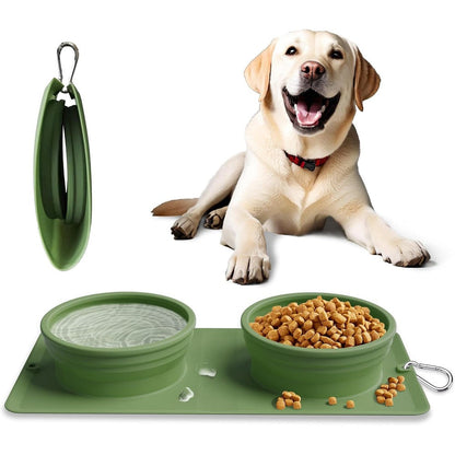 LPFLASAT Collapsible Portable Two-In-One Dog Bowl Integrated Foldable Silicone Travel Food And Water Pet Feeder With Carabiner Green Fifteen Ounce