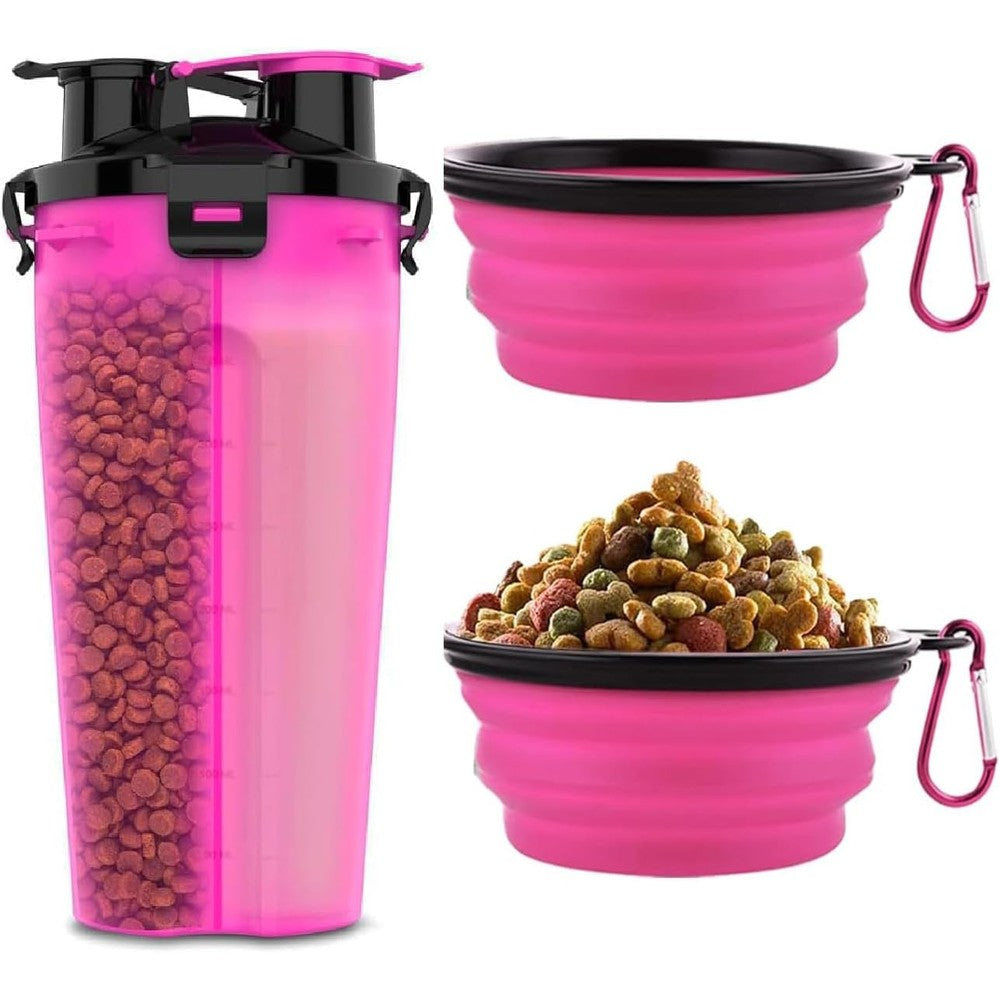 Traveling Tots Portable Water Bottle For Dogs With Collapsible Bowls 2 In 1 Pet Folding Water Bottle Food Container In Pink