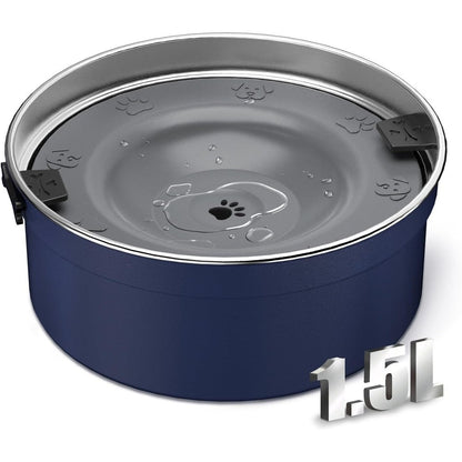 PurazQyn No Spill Dog Water Bowl 1.5 Liter 50 Ounce Stainless Steel Anti Splash Slow Drinking Pet Water Dispenser For Messy Drinkers Blue