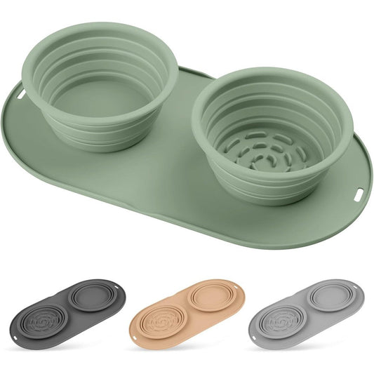HOYEHOLA Silicone Collapsible Spill Proof Non Slip Dog Water Bowl And Slow Feeder Dog Food Mat For Small And Medium Dogs Green