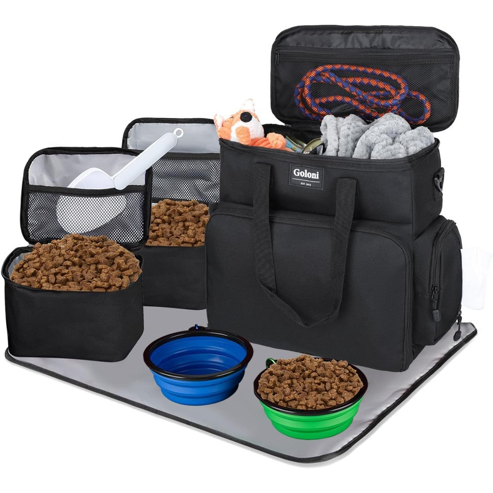 Goloni Dog Travel Bag Airline Approved Pet Travel Tote Organizer With Two Food Storage Containers Two Collapsible Bowls And One Feeding Mat Black