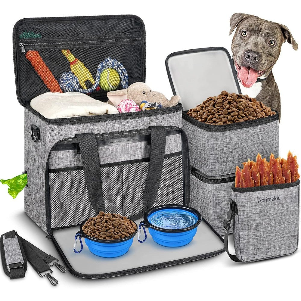 Abrimelodi Airline Approved Dog Travel Bag Large Pet Organizer Kit With Two Food Containers Two Collapsible Bowls And One Treat Pouch Gray