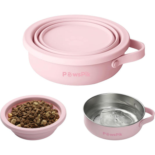 PawsPik 2-in-1 Travel Dog And Cat Bowl Collapsible Silicone And Stainless Steel Portable Food Water Pet Dish Cherry Blossom Pink 30 Ounce
