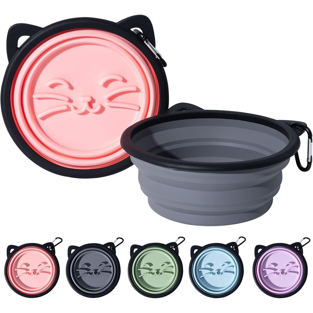 SLSON Silicone Collapsible Dog Bowls Cute Pet Ear Shape Travel Water Bowl Twenty Five Ounce Portable Feeder Pink And Grey Two Pack