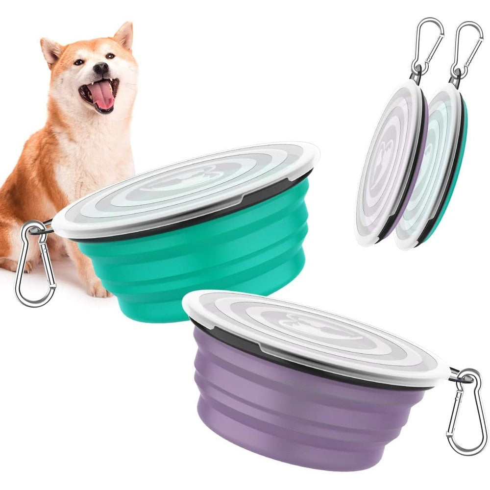 Pawaboo Collapsible Dog Bowls 2 Pack Portable Silicone Pet Feeding Watering Bowls With Leak Proof Lids And Carabiners Violet And Turquoise