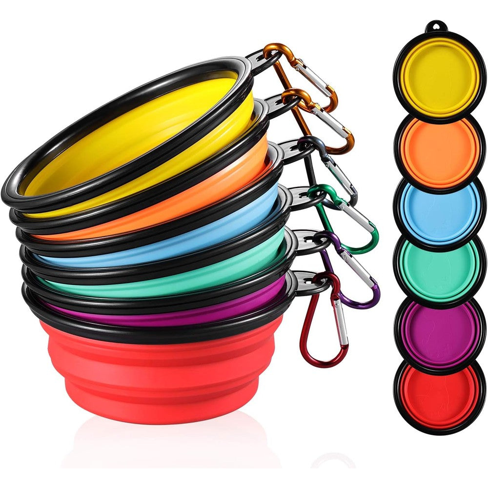 ME.FAN Collapsible Dog Travel Bowl Portable Silicone Pet Food And Water Expandable Bowls With Carabiners Six Pack Twelve Ounce Black Rimmed