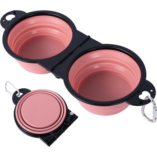 SLSON Collapsible Dog Dual Bowls Reinforced Rim One Hundred Eighty Degrees Flip Over Foldable Double Pet Water Feeder Light Pink