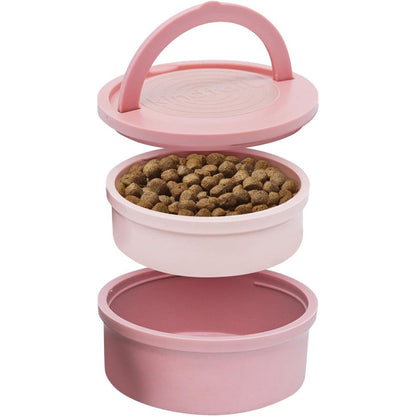 KindTail Dog Travel Bowls Set Of Two Nesting Portable Pet Food And Water Dishes With Sealed Lid Carry Handle Rose Pink Ten Ounce And Twenty Ounce