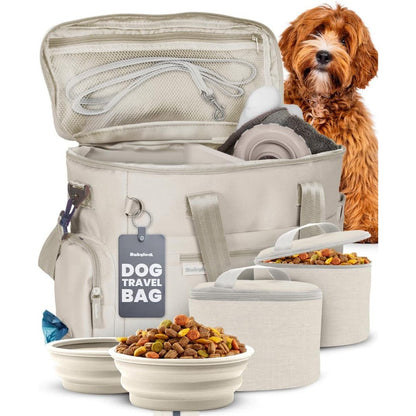 Rubyloo The Original Doggy Bag Complete Dog Travel Supplies Organizer Kit With Two BPA Free Silicone Bowls And Two Food Containers Beige