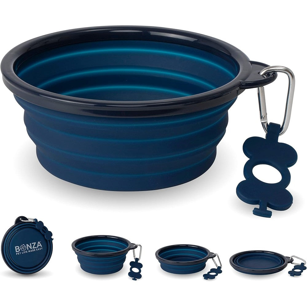 Bonza Large Collapsible Dog Water Bowl Food Safe Silicone Travel Pet Dish With Reinforced Rim And Carabiner Clip Navy Blue 33 Ounce