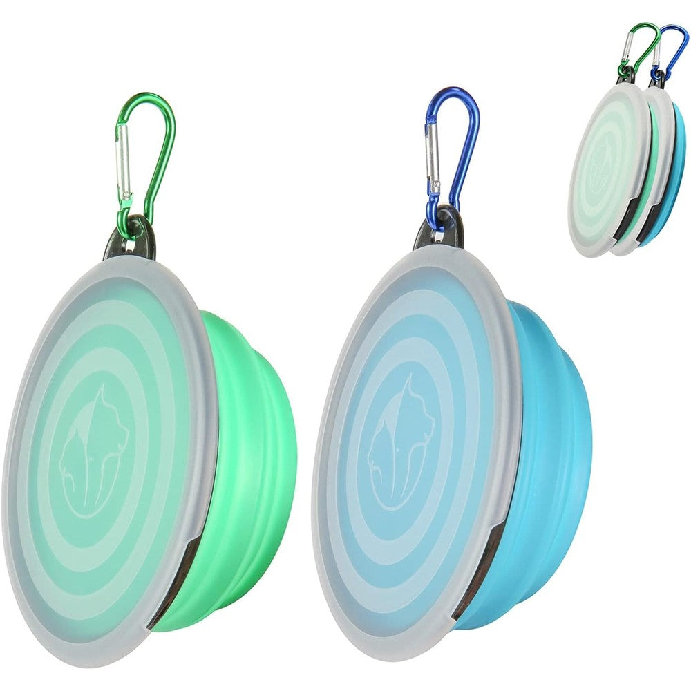 SLSON Plastic Collapsible Dog Bowls With Cover Lids 2 Pack Portable Foldable Pet Travel Water Dish For Cats And Dogs Light Blue And Green Small