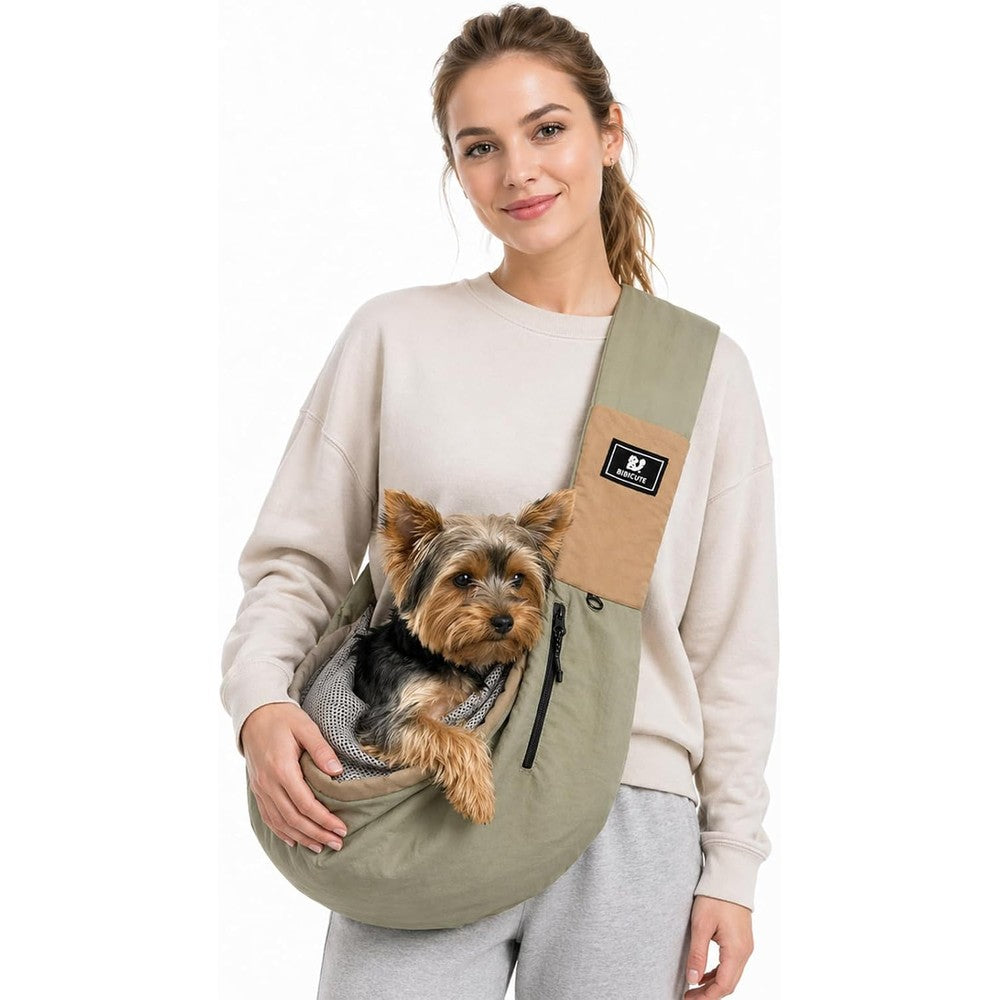 Cuddlissimo! Dog Carrier Sling For Small Dogs And Cats, Hands-Free Puppy Travel Bag With Drawstring Mesh Opening And Storage Pockets, Olive Green